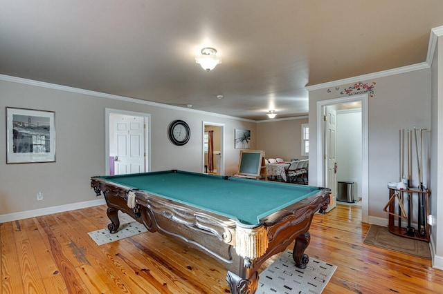 rec room featuring ornamental molding, baseboards, pool table, and light wood finished floors