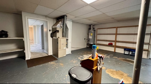 basement with heating unit and water heater