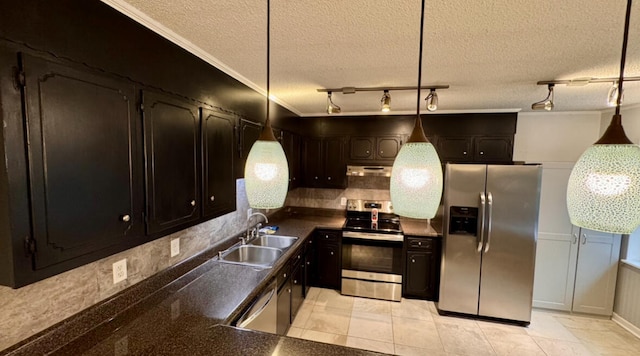 kitchen featuring appliances with stainless steel finishes, a textured ceiling, crown molding, sink, and pendant lighting