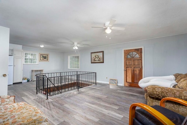 living room featuring hardwood / wood-style flooring and ceiling fan