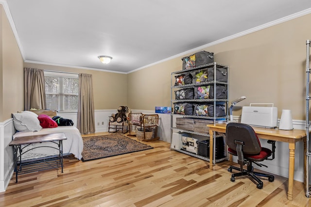 home office featuring hardwood / wood-style flooring and ornamental molding