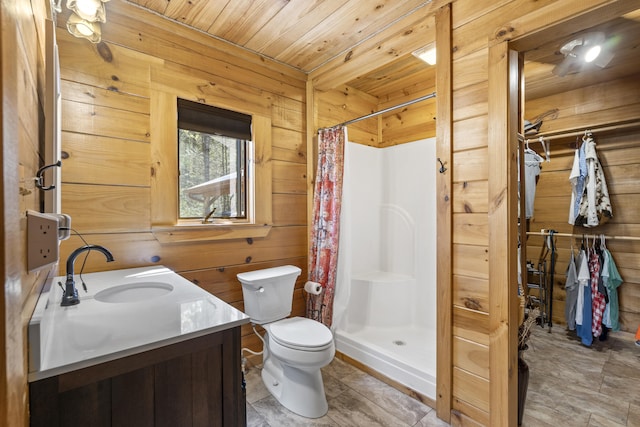 bathroom featuring wood ceiling, a stall shower, wood walls, vanity, and toilet