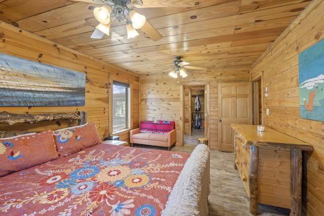 bedroom featuring wooden walls and wood ceiling