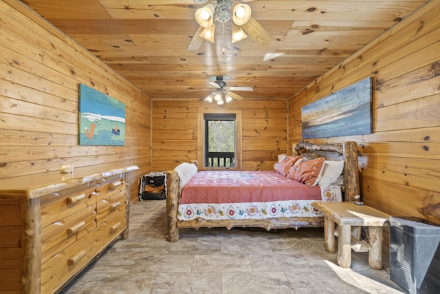 bedroom featuring stone finish floor, a ceiling fan, wood walls, and wood ceiling