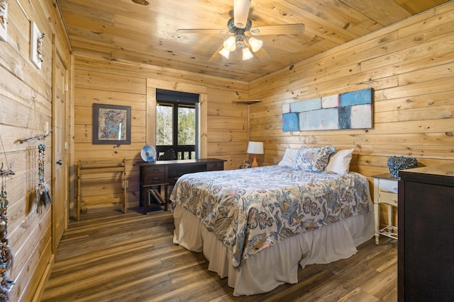 bedroom featuring wood ceiling, ceiling fan, wood walls, and wood finished floors