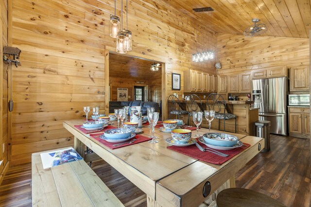 dining space with wood ceiling, wooden walls, high vaulted ceiling, and dark wood-style floors