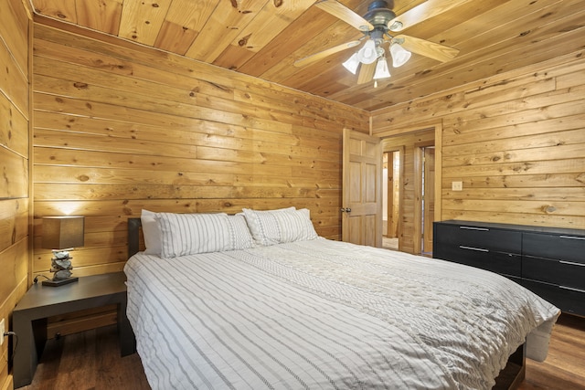 bedroom featuring ceiling fan, wood walls, wooden ceiling, and wood finished floors