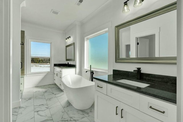 bathroom with ornamental molding, vanity, and a tub