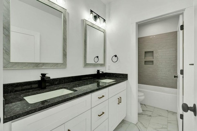 full bathroom with tiled shower / bath combo, vanity, and toilet