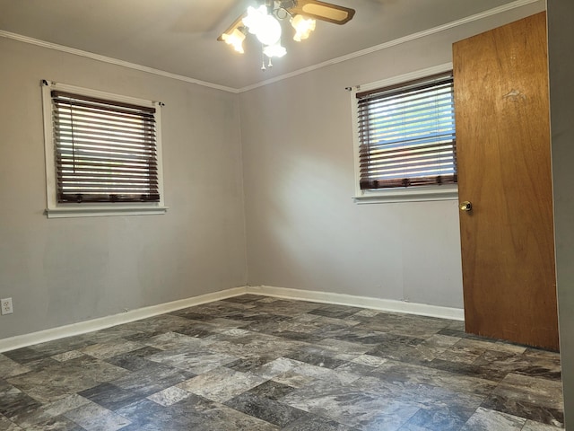 unfurnished room with crown molding and ceiling fan