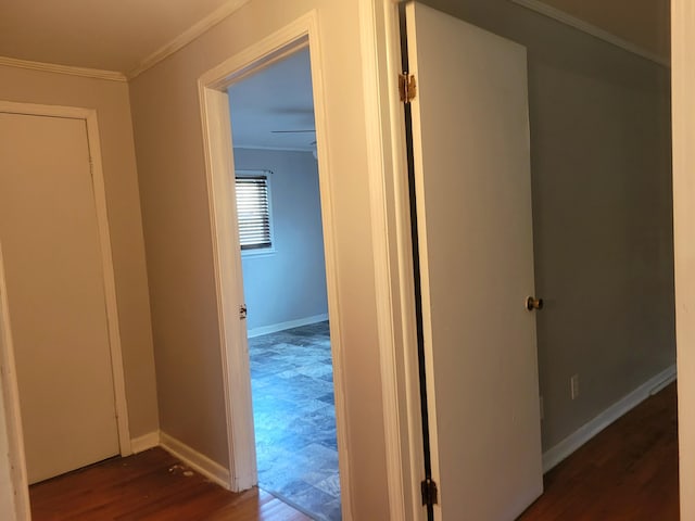 hall with crown molding and dark wood-type flooring