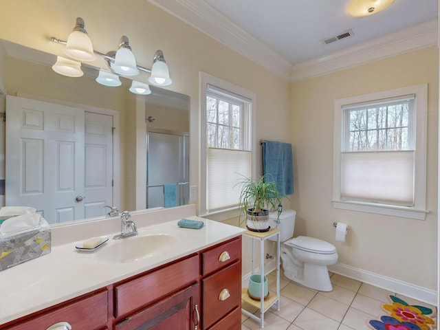 full bathroom with tile patterned flooring, visible vents, a shower stall, crown molding, and toilet