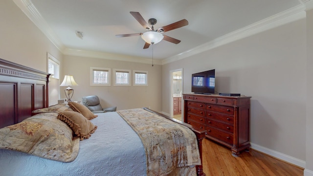 bedroom featuring multiple windows, light wood-style floors, baseboards, and ornamental molding