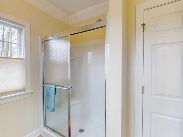 full bath featuring a stall shower and ornamental molding