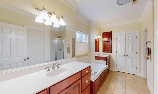 bathroom with a garden tub, visible vents, a stall shower, ornamental molding, and tile patterned floors