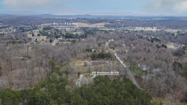 bird's eye view featuring a forest view and a mountain view