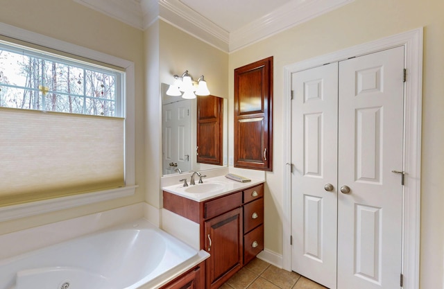 bathroom with tile patterned flooring, vanity, a bath, and crown molding