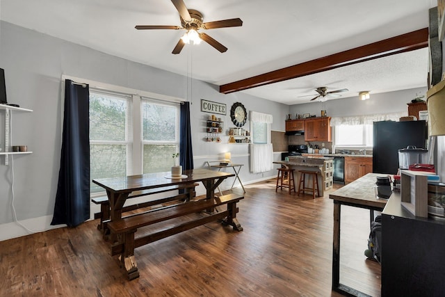 dining area featuring sink, ceiling fan, a wealth of natural light, and dark wood-type flooring