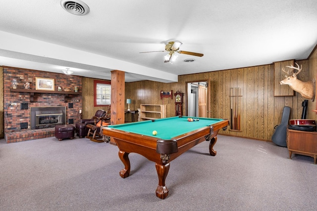 playroom featuring carpet flooring, a fireplace, pool table, and visible vents