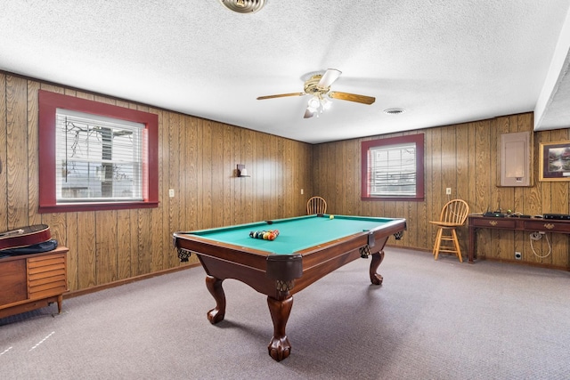 recreation room with plenty of natural light, a textured ceiling, and carpet floors