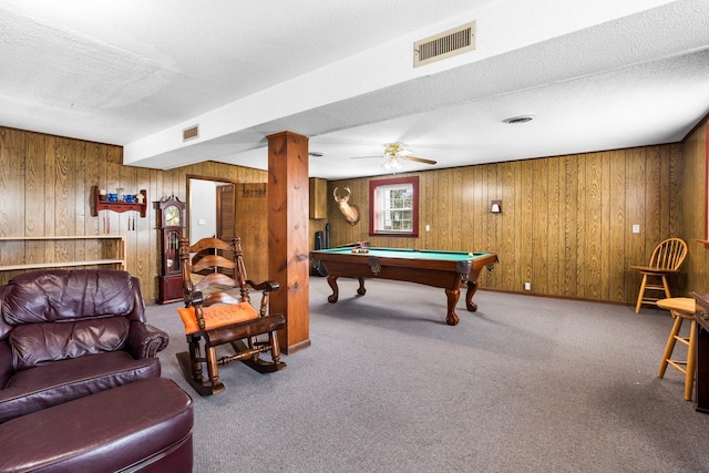 recreation room with visible vents, a textured ceiling, carpet flooring, and billiards