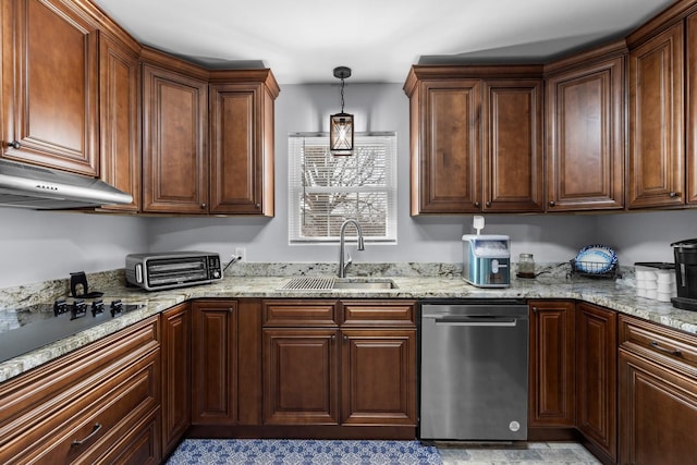 kitchen with a sink, under cabinet range hood, stainless steel dishwasher, a toaster, and black electric cooktop