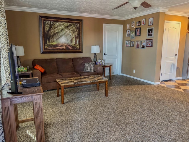 living room with crown molding, a textured ceiling, baseboards, and light colored carpet