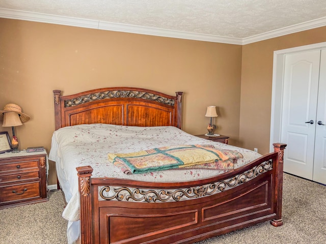 bedroom with crown molding, a textured ceiling, and carpet flooring