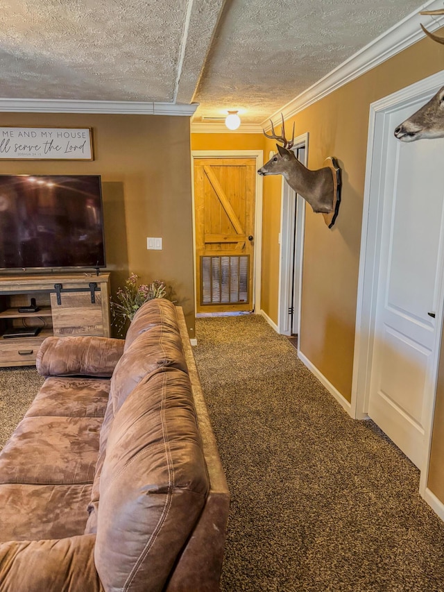 living room with carpet, a textured ceiling, baseboards, and crown molding