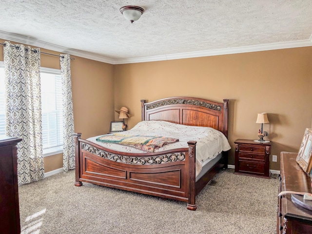 bedroom with carpet, crown molding, a textured ceiling, and baseboards