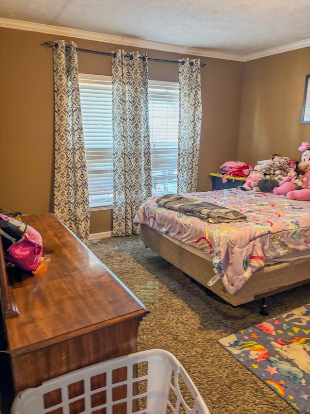 carpeted bedroom featuring a textured ceiling, multiple windows, and crown molding