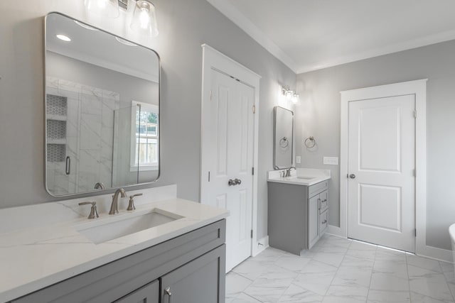 full bathroom with marble finish floor, crown molding, a marble finish shower, two vanities, and a sink