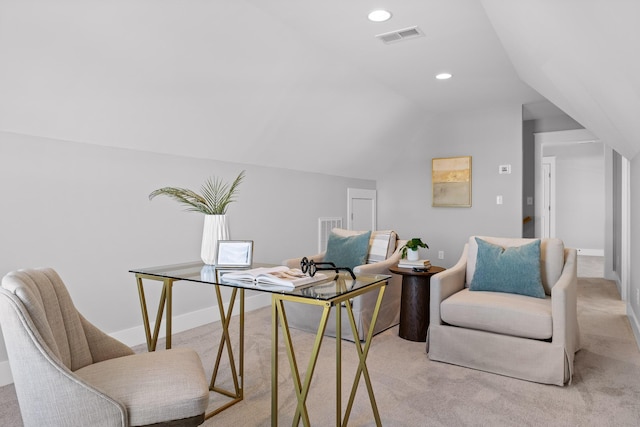 office space with lofted ceiling, light carpet, visible vents, and recessed lighting