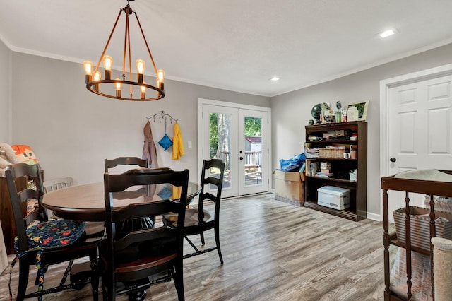 921 E Circle Dr, Rossville, GA 30741 - dining area with wood finished floors, crown molding, french doors, a chandelier, and recessed lighting