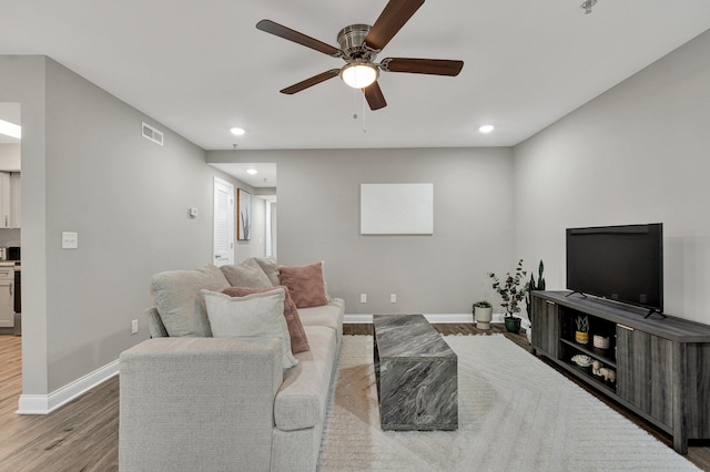 living room featuring ceiling fan and wood-type flooring