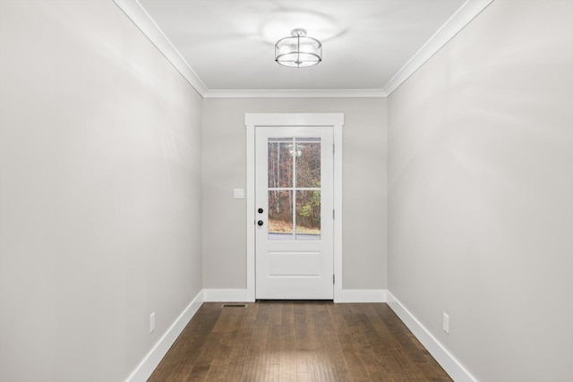 doorway with crown molding and dark hardwood / wood-style floors