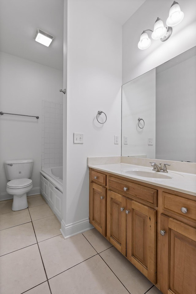 full bathroom featuring toilet,  shower combination, tile patterned floors, and vanity