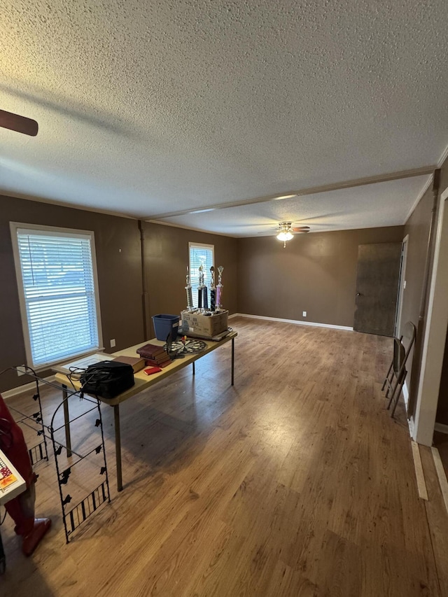 interior space featuring ceiling fan, a healthy amount of sunlight, a textured ceiling, and hardwood / wood-style flooring