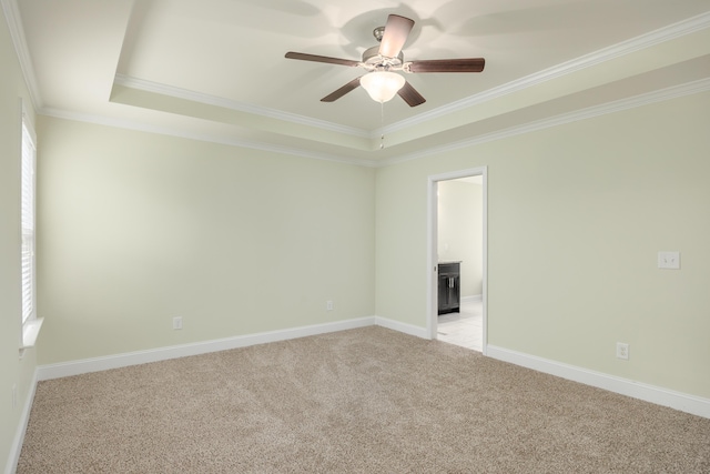 carpeted spare room featuring a tray ceiling, ceiling fan, and ornamental molding