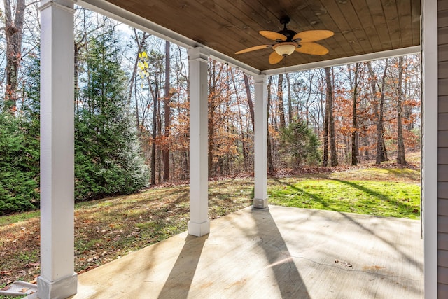 view of patio featuring ceiling fan