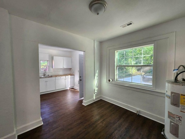 unfurnished living room featuring electric water heater, dark hardwood / wood-style floors, and sink