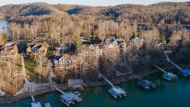 drone / aerial view featuring a water view and a forest view