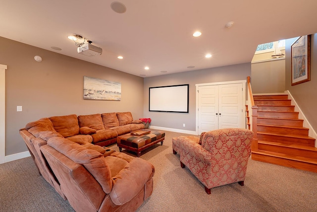 carpeted home theater room featuring recessed lighting and baseboards