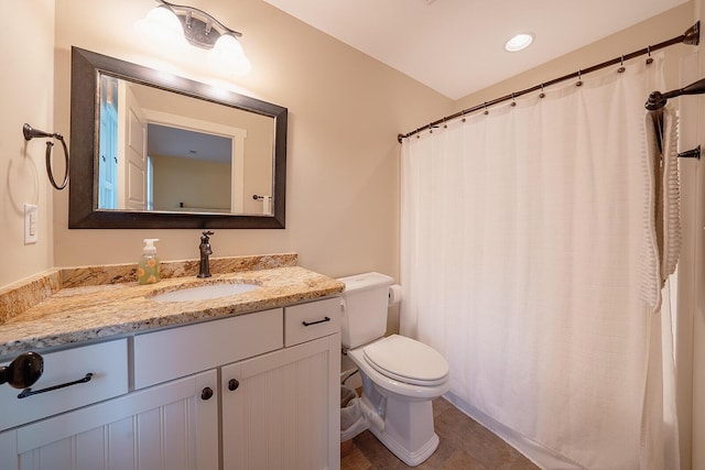 full bath with toilet, tile patterned floors, a shower with shower curtain, and vanity