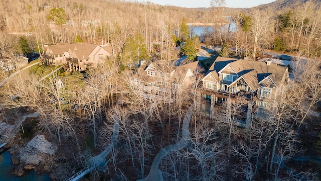 bird's eye view featuring a forest view and a water view