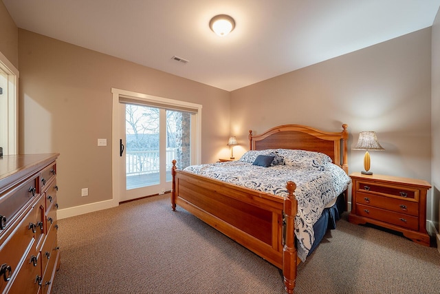 bedroom with access to outside, visible vents, baseboards, and carpet flooring