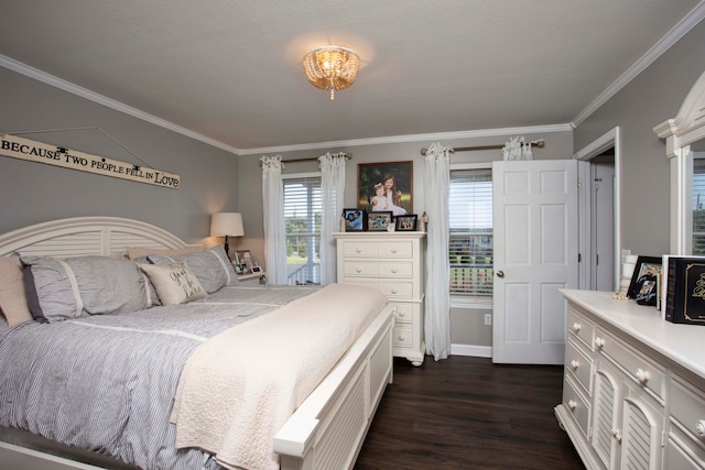 bedroom with crown molding and dark wood-type flooring