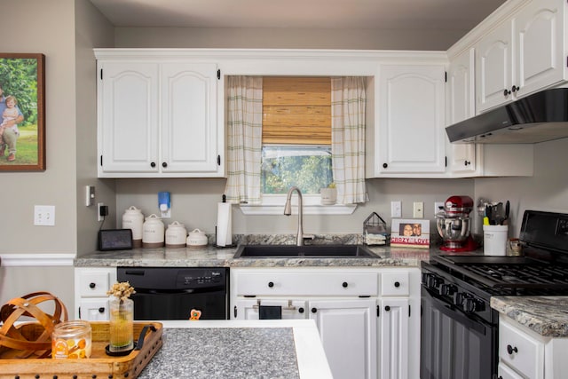 kitchen with sink, white cabinetry, and black appliances