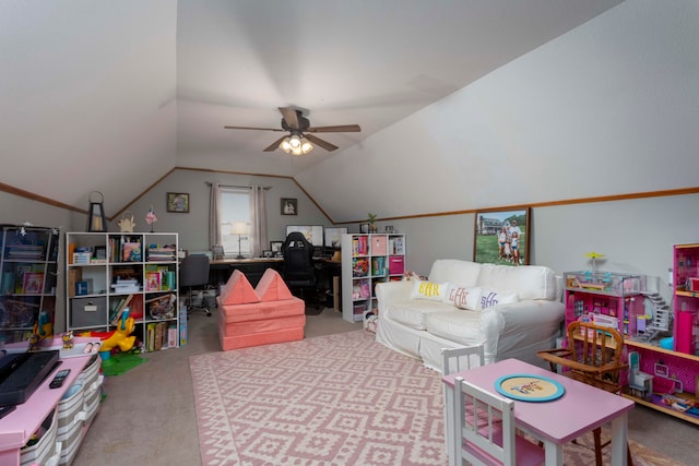 playroom with ceiling fan, lofted ceiling, and carpet floors