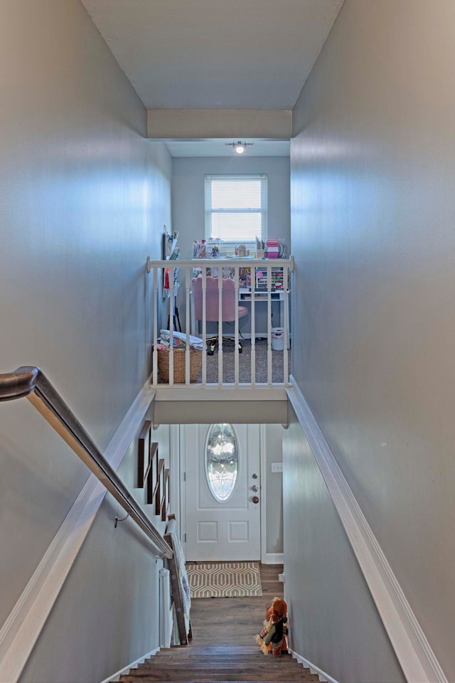 stairs featuring hardwood / wood-style flooring